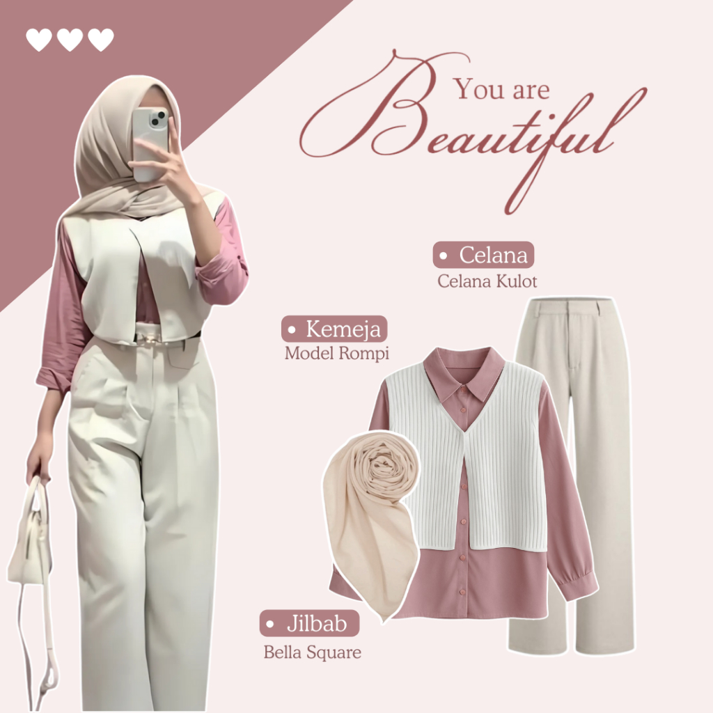 KEMEJA ชุด 3-in-1 สําหรับวัยรุ่น (เสื้อ เสื้อกั๊ก + กางเกงชั้นใน + ฮิญาบ) ชุด One Set - LS168