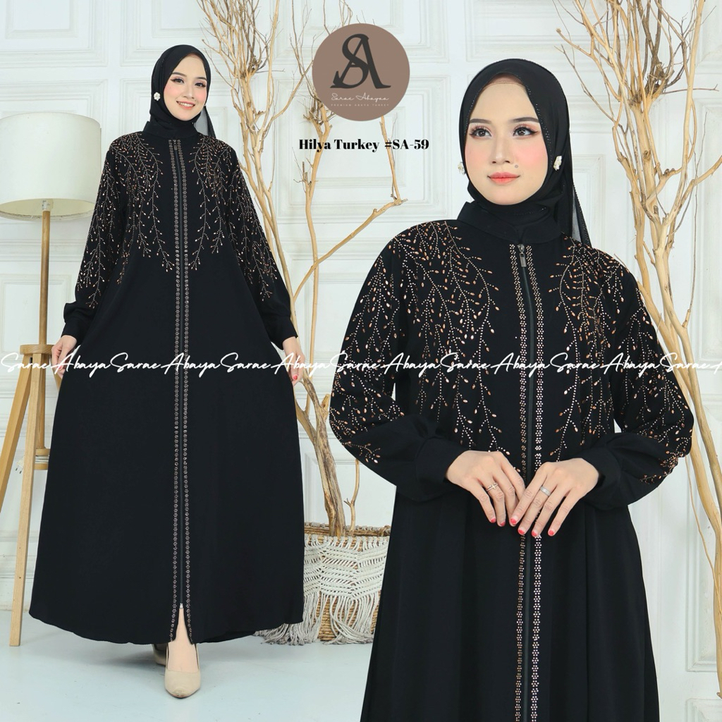 Sarae Abaya ตุรกีพรีเมี่ยม Hilya SA-59 ผู้หญิงสีดําหรูหราภาษาอาหรับเลื่อม Jetback ชุดดูไบ