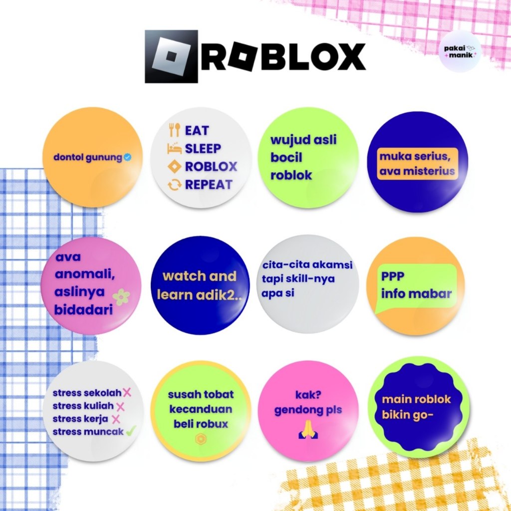 Roblox Text Button Pin พร้อมการเขียนสุดน่ารัก (Glossy 44 mm) | หมุดกระเป๋าสุนทรียศาสตร์ Y2k
