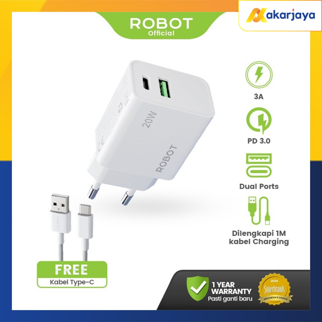 ROBOT RT-P7 Fast Charging Charger Dual Port Output Type C พร้อม USB 3A 20Watt