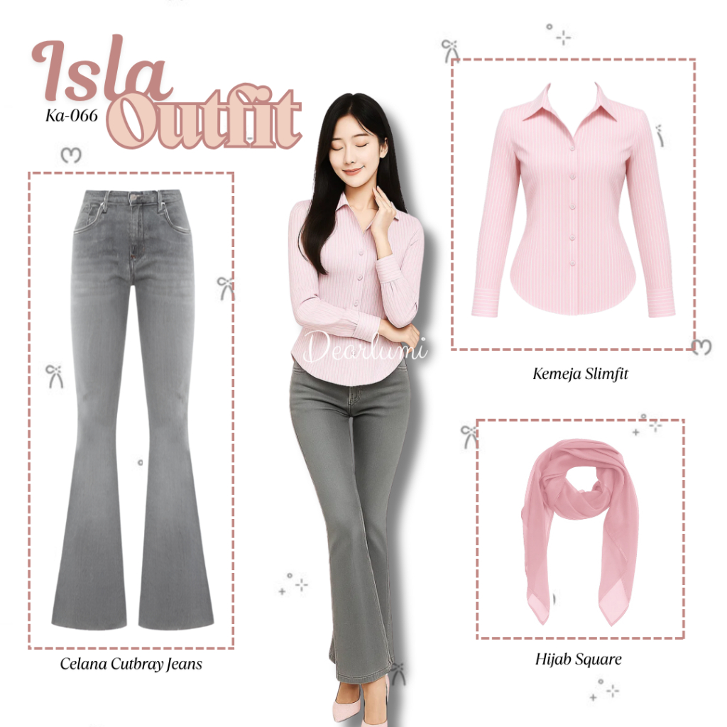KEMEJA Dearlumi - isa Outfit set 3in1 น่ารักสีชมพูสไตล์เกาหลี ( เสื้อเข้ารูป + กางเกงยีนส์ Cutbray +