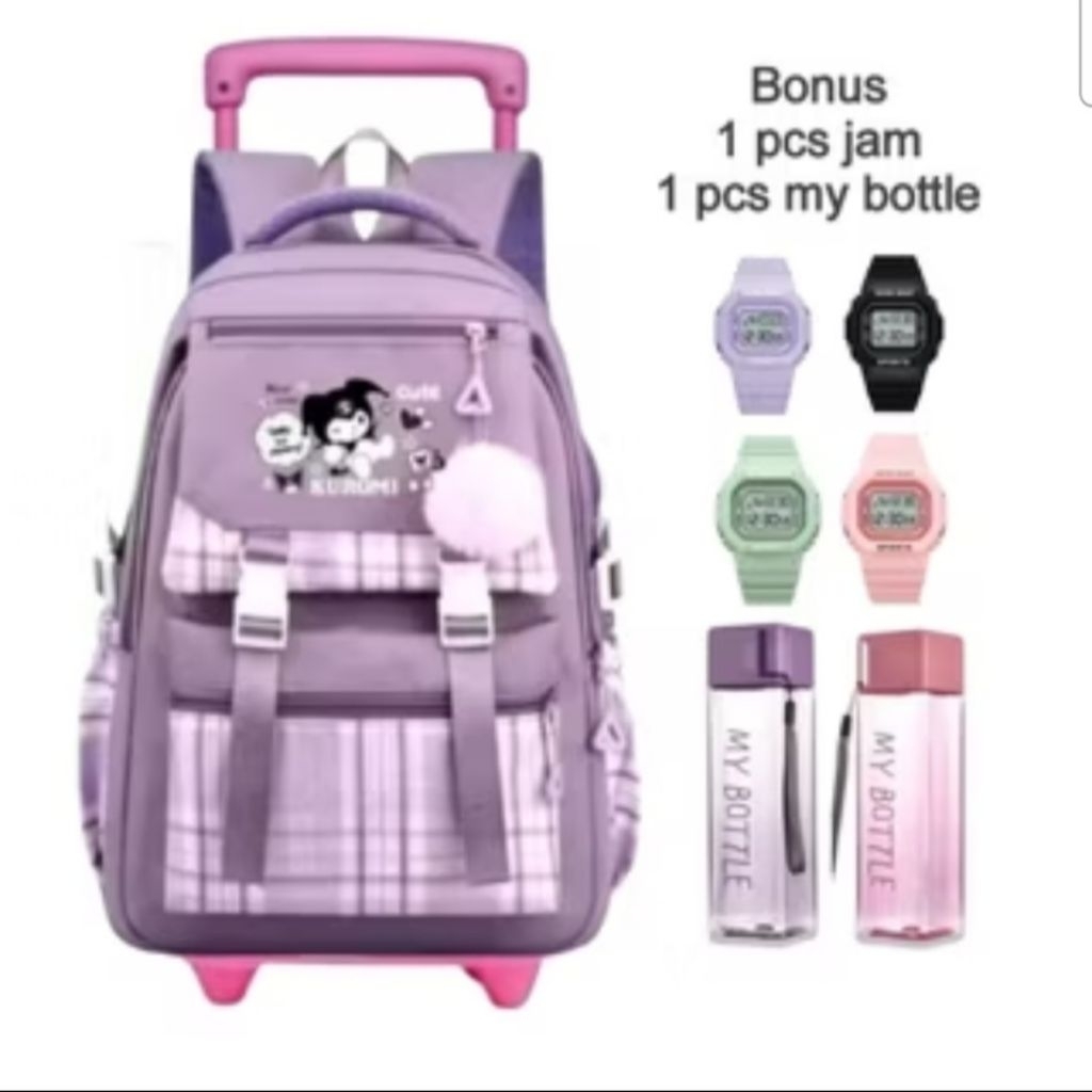 Kuromi Girls Trolley Bag Backpack Childrens Push Bag Girls School Bag