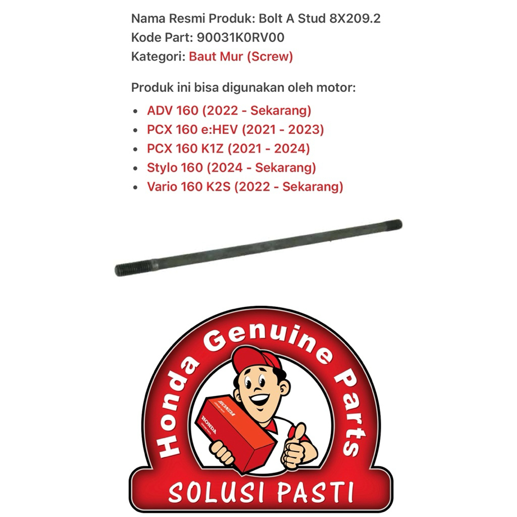 90031K0RV00 Satay Skewer Bolt 8X209.2 Honda PCX 160 K1Z