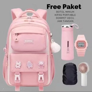 Tas Ransel 5in1 Kharissa Ransel Anak Sekolah Perempuan SD SMP SMA Free Botol Minum+Jam+Raincover+Kipas