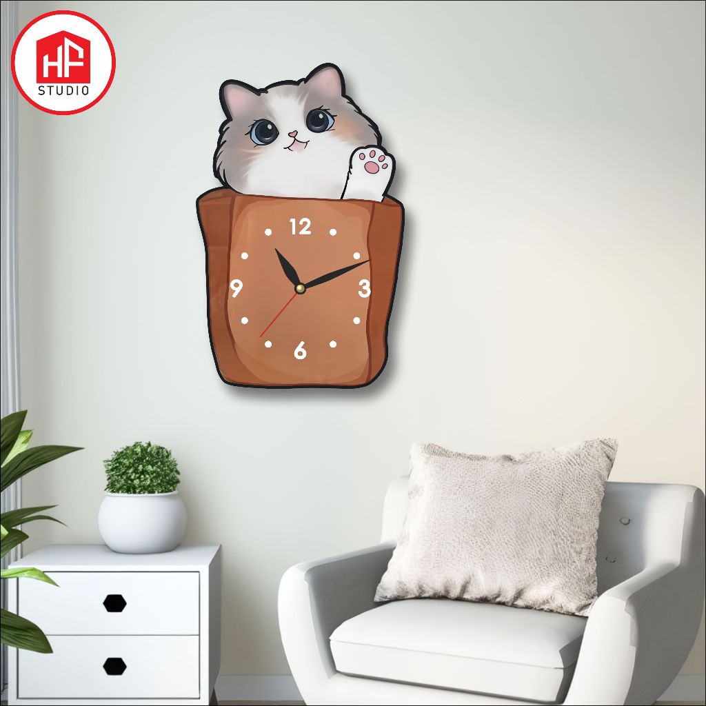 HF STUDIO | NEW47 Minimalist Aesthetic MDF Cat ตัวอักษรนาฬิกาแขวนสําหรับห้องเด็ก
