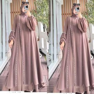 Natasya Dress Ceruty Babydoll Full Furing Abaya Kekinian Aplikasi Mute Mewah Pakaian Wanita Muslimah