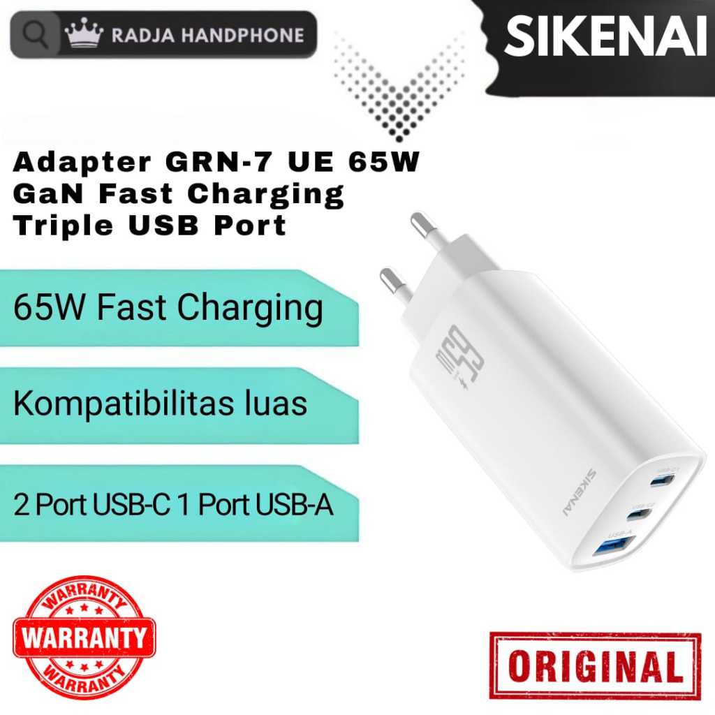 เครื่องชาร์จ Sikenai GRN-7 Gan 65W Super Fast Charger เอาต์พุต 3 พอร์ต