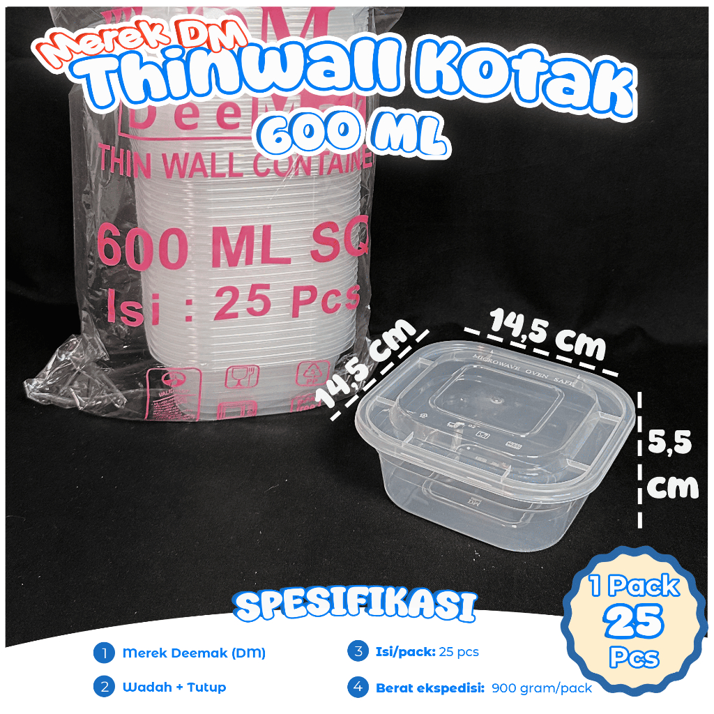Thinwall DM Box เนื้อหา 600 มล. 25 ชิ้น / กันแตก / Thinwall DeMak / สี่เหลี่ยม / SQ