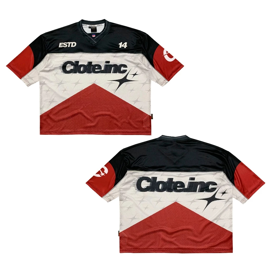 ผู้ชายและผู้หญิง Boxy V คอ Streetwear Vintage Y2k Dryfit Jersey - สีแดงสีดํา