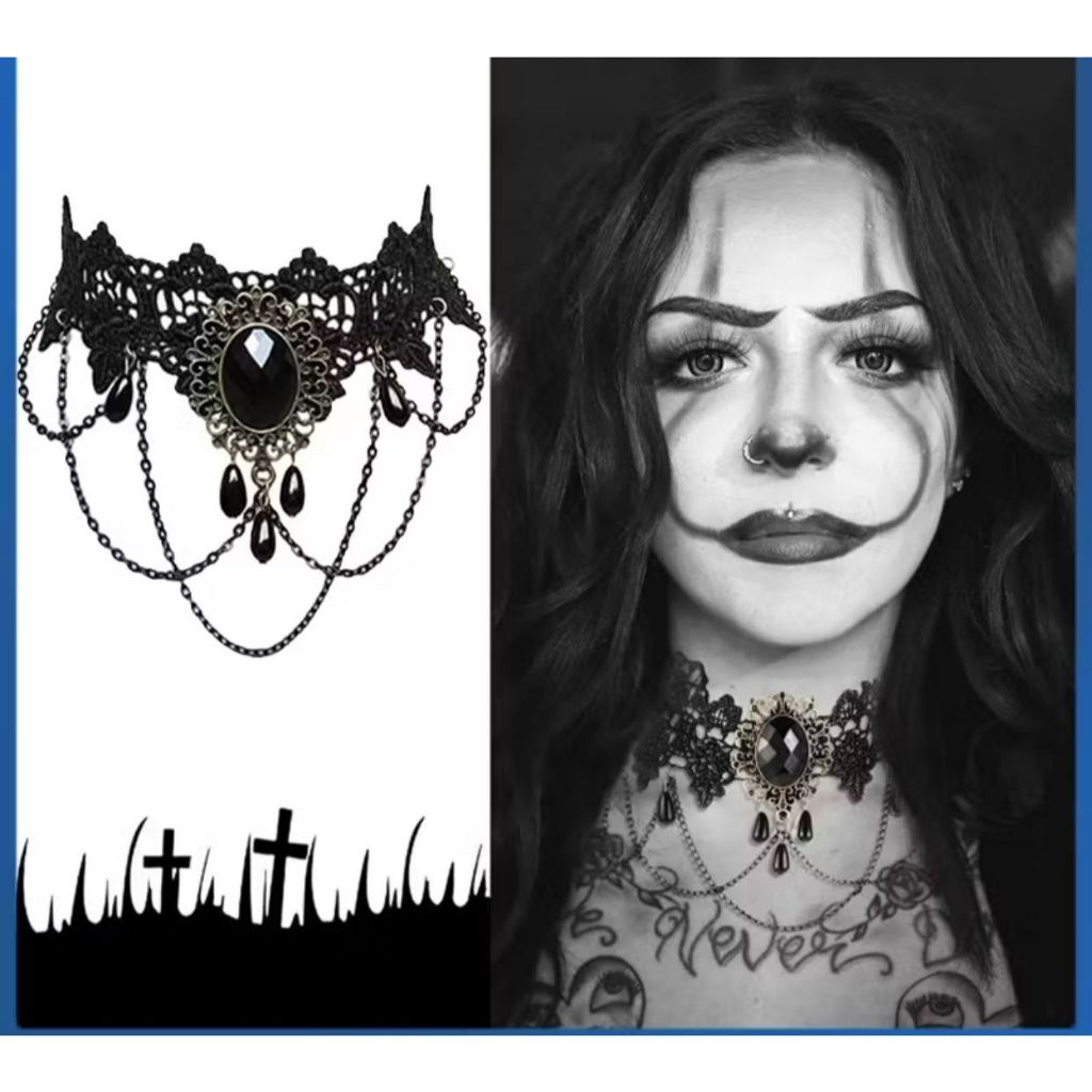 RCS - สร้อยคอโชคเกอร์ฮาโลวีนแบบกอธิคสีดํามีพู่