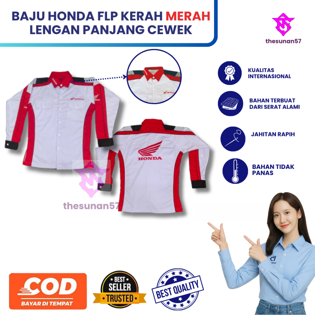 MERAH Honda Frontline People (FLP) เสื้อเชิ้ตแขนยาวคอปกสีแดงสําหรับผู้หญิง | แผนกต้อนรับส่วนหน้า | ฮ