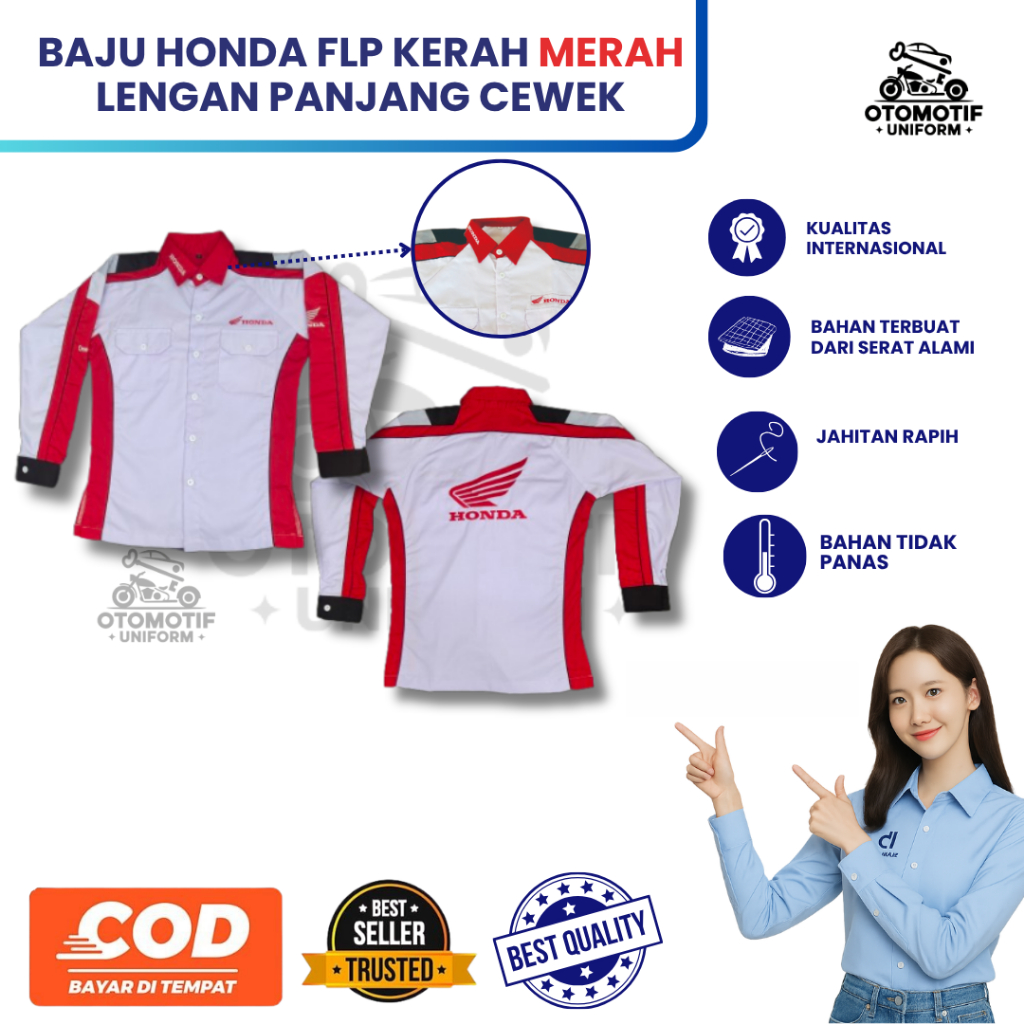 MERAH Honda Frontline People (FLP) เสื้อเชิ้ตแขนยาวคอปกสีแดงสําหรับผู้หญิง | แผนกต้อนรับส่วนหน้า | ฮ