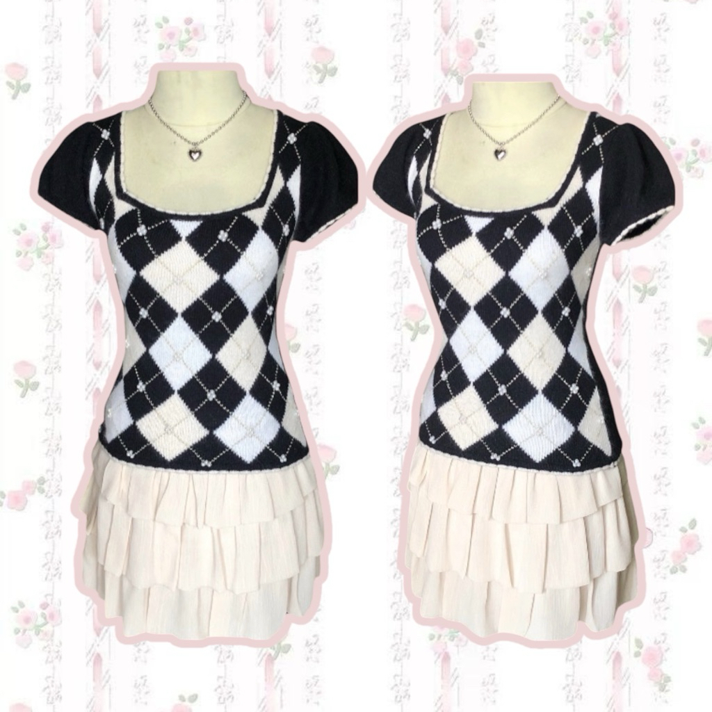 Argyle ถักริบบิ้น Top Kawaii Casual Babydoll Coquette Shoujo สาว Dollette Top สีชมพูสีดําสีขาว