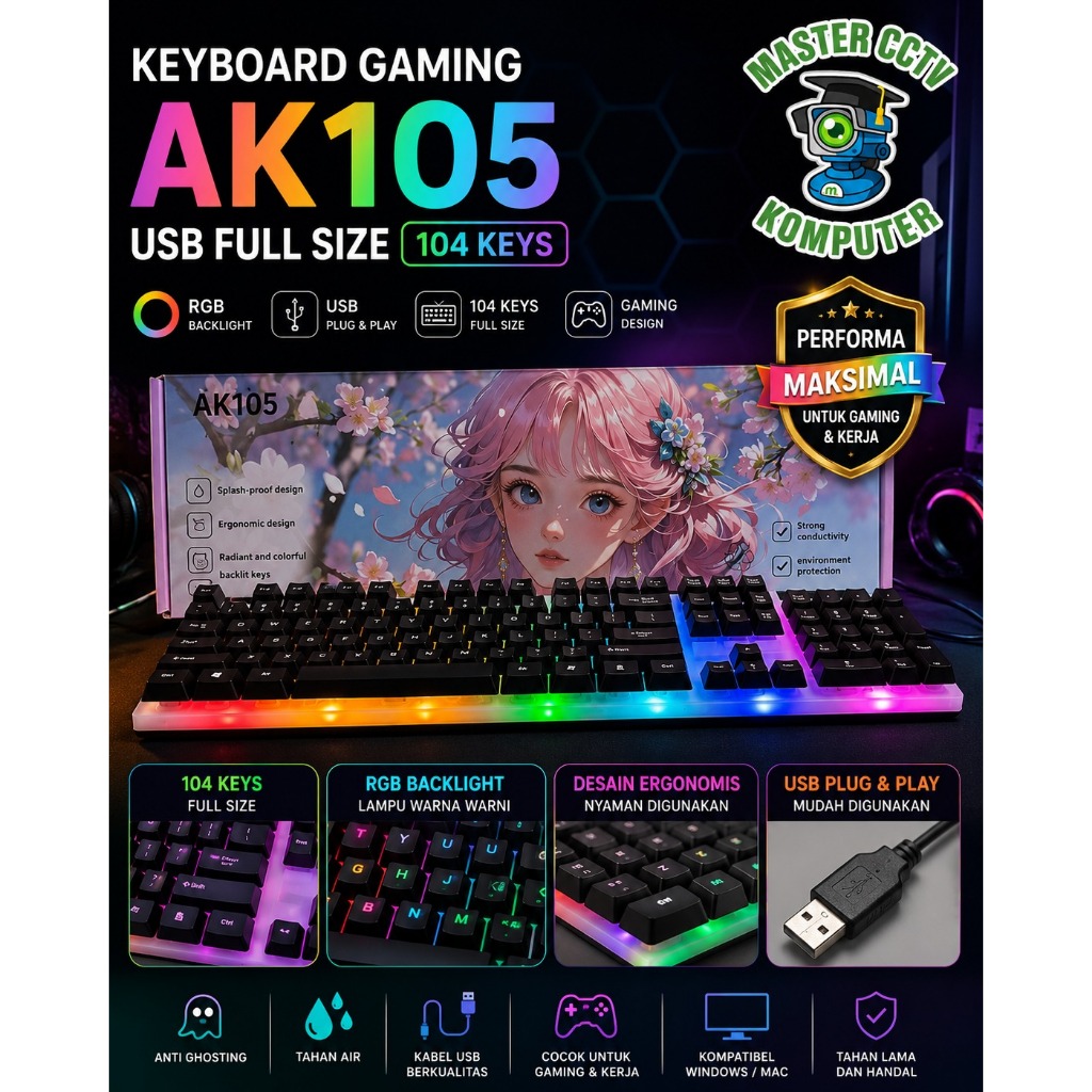 คีย์บอร์ดเกมมิ่ง AK105 RGB USB ขนาดเต็ม 104 คีย์ไฟ LED สีสันสดใส