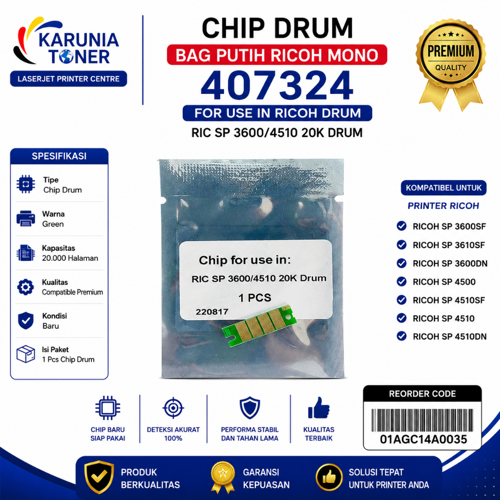 กระเป๋า RICOH MONO DRUM สีขาว CHIP 407324 กลอง Ricoh SP 3600SF 3610SF 3600DN 4500/4510SF 4510 4510DN