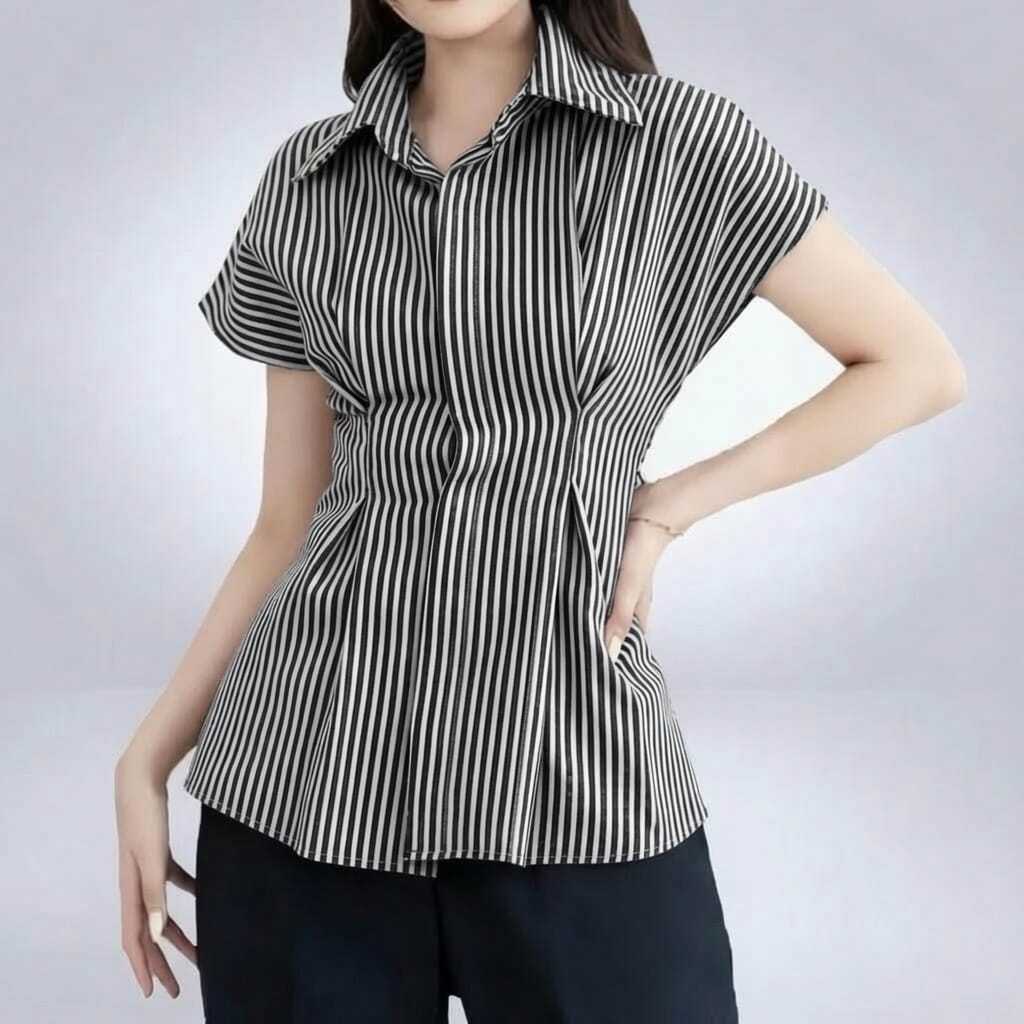 KEMEJA KIRANA FASHION- ALBA TOP SHIRT STRIPED SHIRT / SHORT-SLEEVED STRIPED SHIRT-PN
