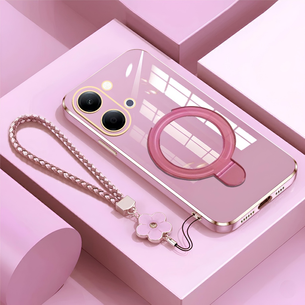 VIVO Y05 / Y11d เคสแม่เหล็กชุบหรูหราฟรีสายดอกไม้ระดับพรีเมียม