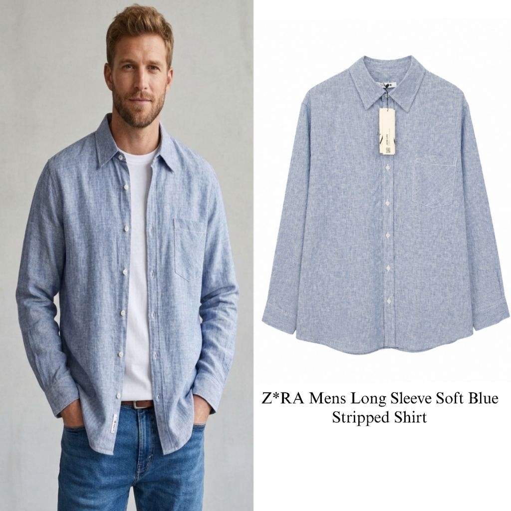 KEMEJA Z*RA Mens Long Sleeve Soft Blue Strip Shirt/Original Branded Mens Shirt/Shirt