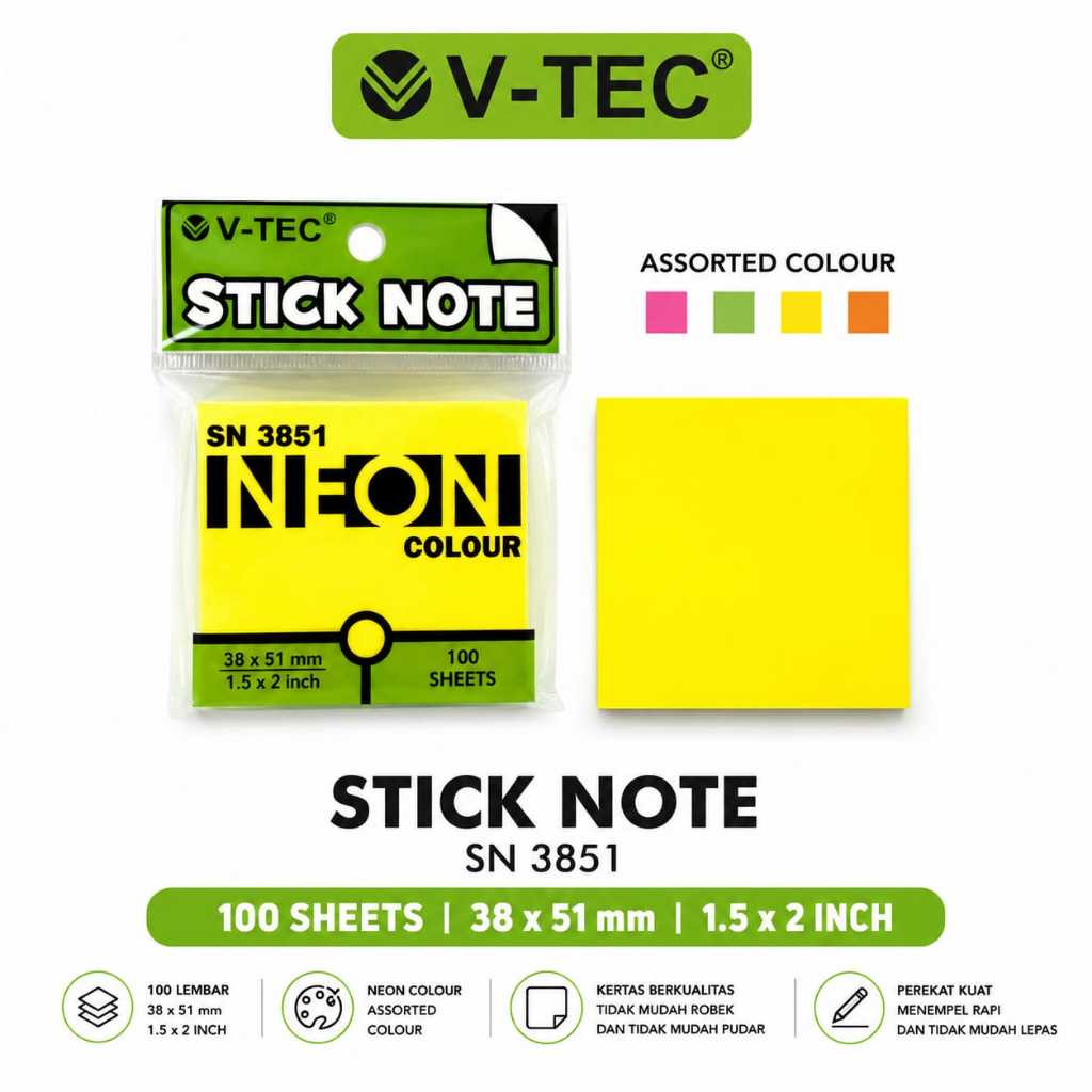 V-Tec Sticky Notes 100 แผ่นผสมสีขนาด 38x51 มม. 76x51 มม. / Memo สติกเกอร์กระดาษ Sticky Notes