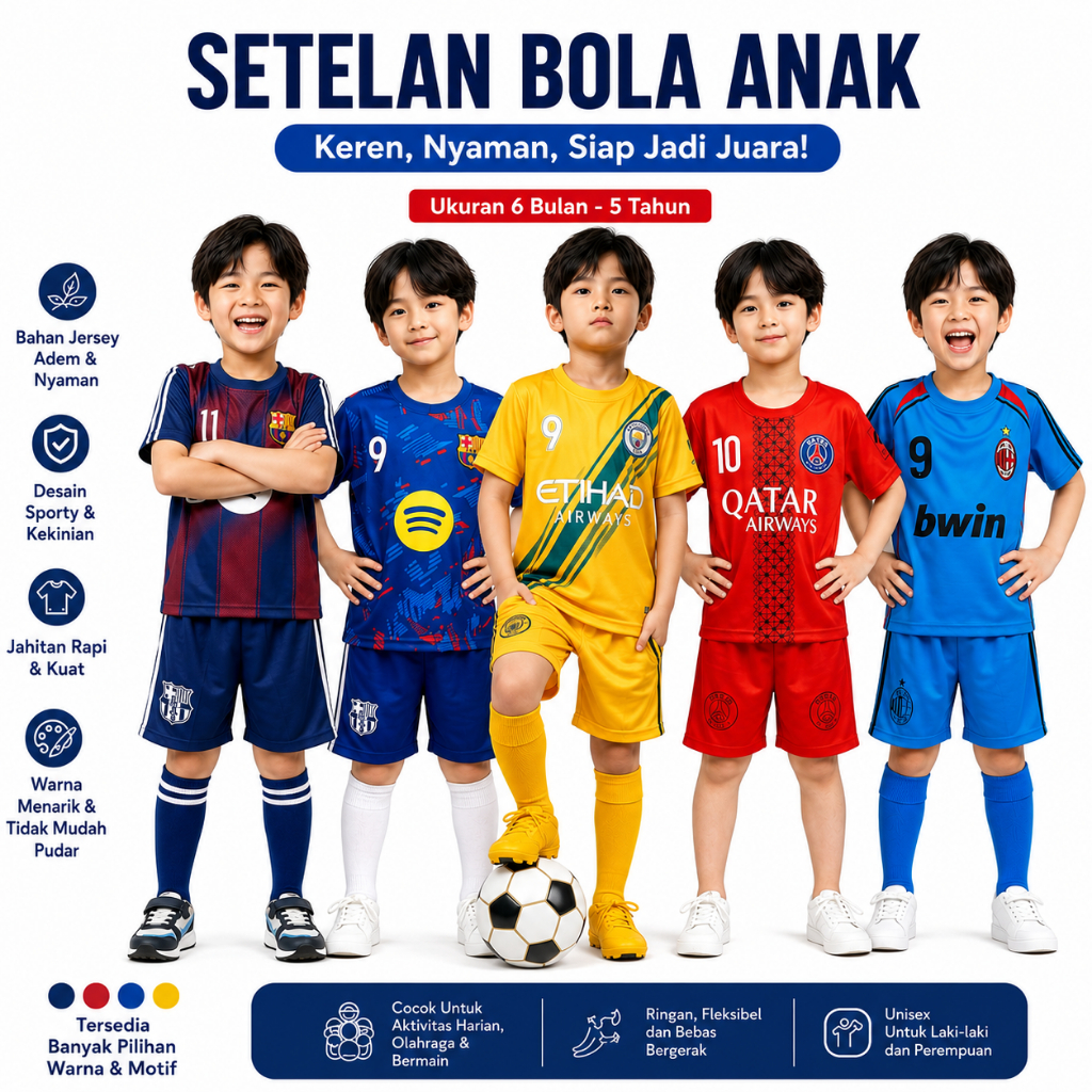 Bundle 6 ชิ้น Save on the Trendy Top Football Club Motif ชุดกีฬาเด็ก Jersey สําหรับเด็ก อายุ 6 เดือน