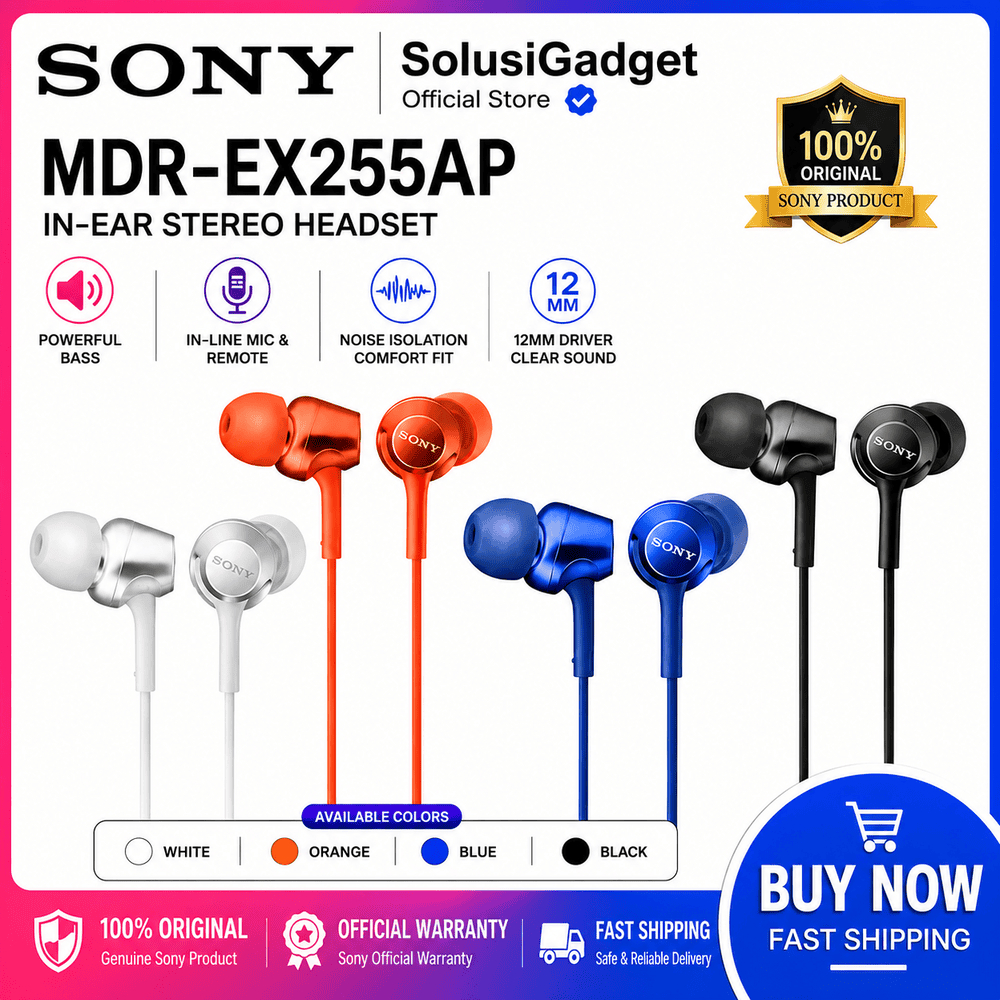 Sony MDR-EX255AP หูฟัง Kabel In Ear ชุดหูฟัง Hi-Res Bass Mic ต้นฉบับ