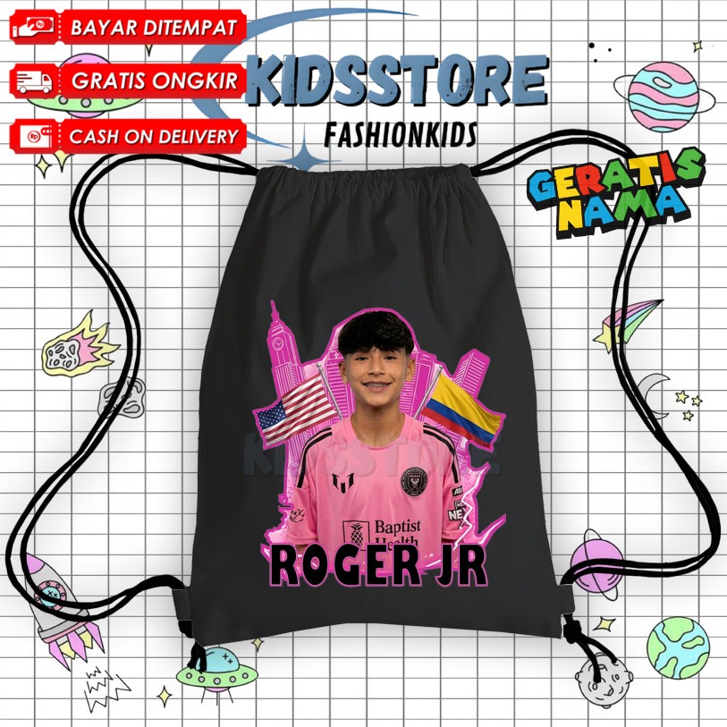 Roger Jr Kids String Bag ชื่อฟรี / Cordura Drawstring Bag Inter Miami Fashion Kids Backpack