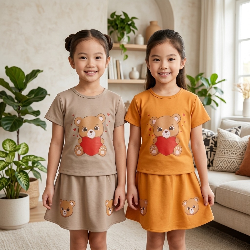 Yuffie - ชุดหมีรักสําหรับเด็กผู้หญิง | ชุดกระโปรงเสื้อยืดดําน้ําเย็นพรีเมี่ยมอายุ1-8ปี4227