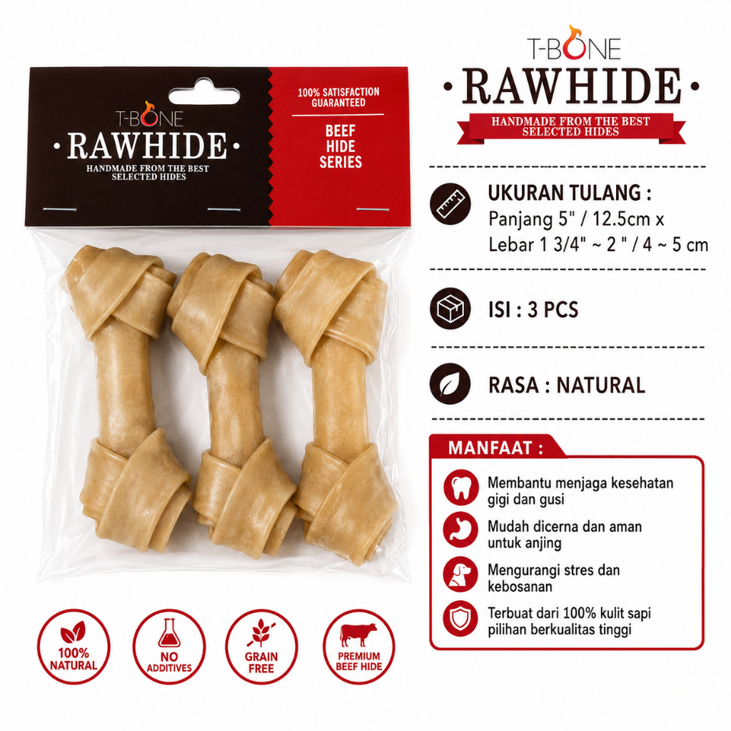 T-Bone Rawhide Dog Bite Knott Bone รสธรรมชาติ 3 ชิ้นขนาด 5" x 1 3/4" - ขนมสุนัขธรรมชาติกระดูกผูกปมเน