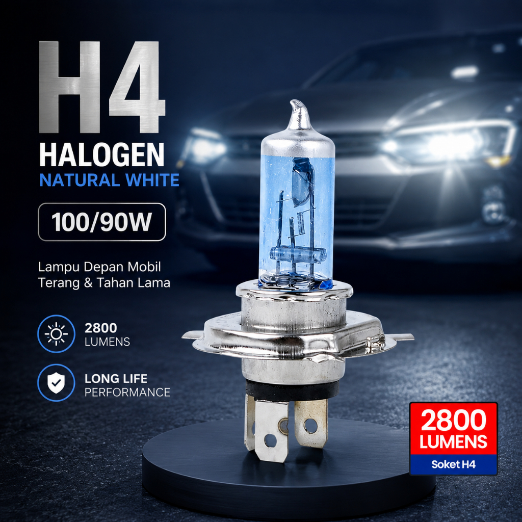 ไฟหน้ารถฮาโลเจน H4 สีขาวธรรมชาติ 100/90W 1PC - P43T