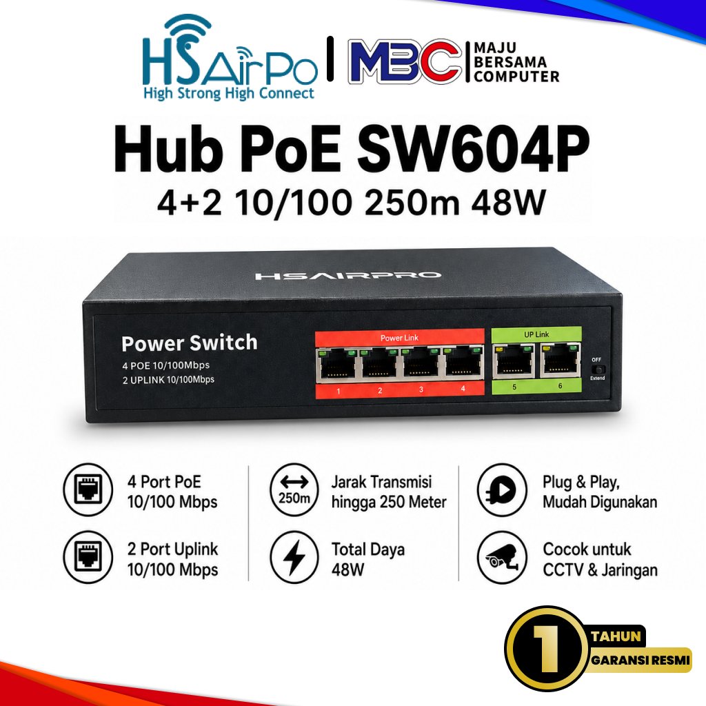 HSAIRPRO SW604P Hub Switch PoE 4 Port + 2 Uplink 10/100Mbps 250M 48W รับประกัน 1 ปี