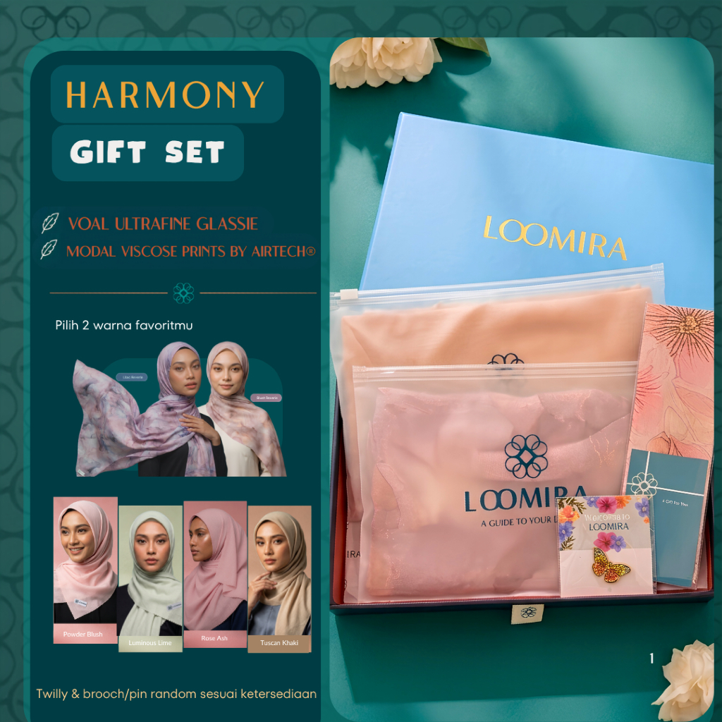 LOOMIRA Harmony Gift Set Hijab Bundle Pashmina ลาย้เหนียว Modal Motif + Square Voal Premium Hardbox