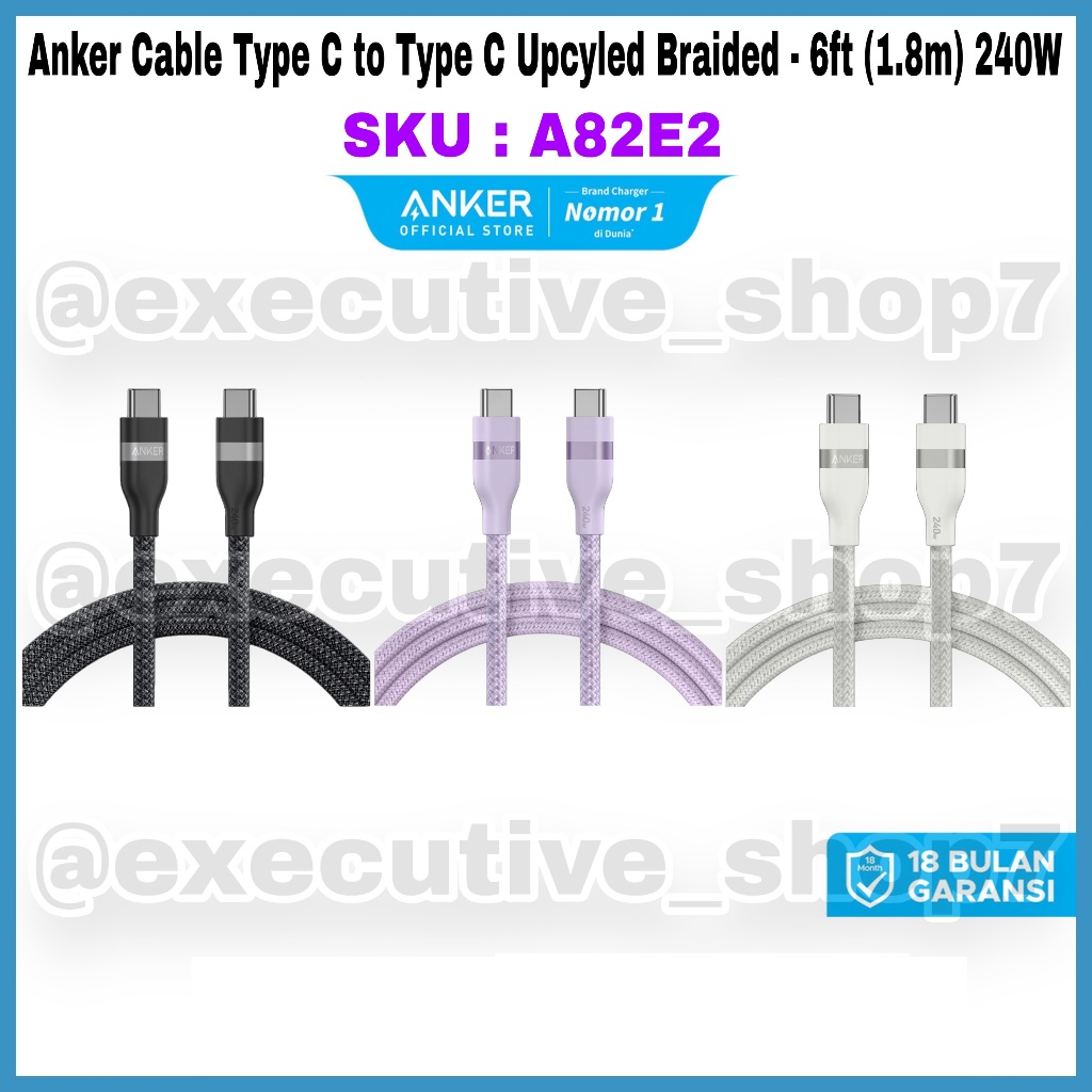 สาย Anker Type C to Type C Upcycled Braided - 6FT (1.8mm) 240W- SKU : A82E2