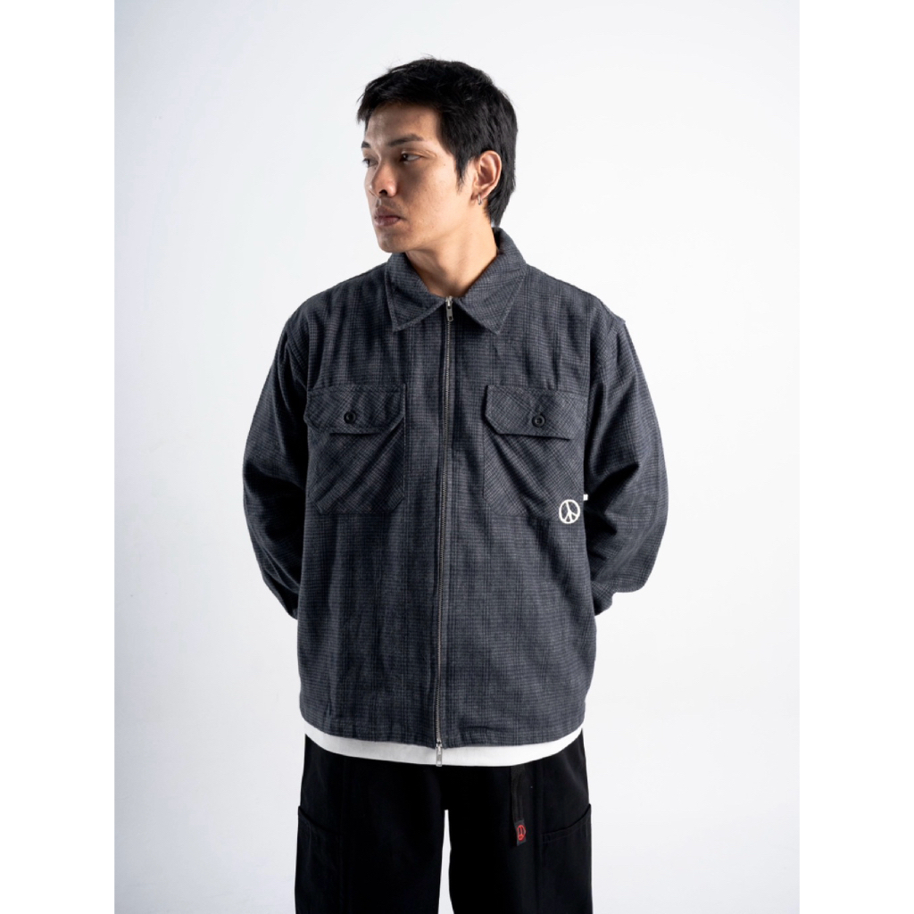 Preace Plaid Grey L/S Craft Shirt Double Zipper Peace Logo Side Pocket