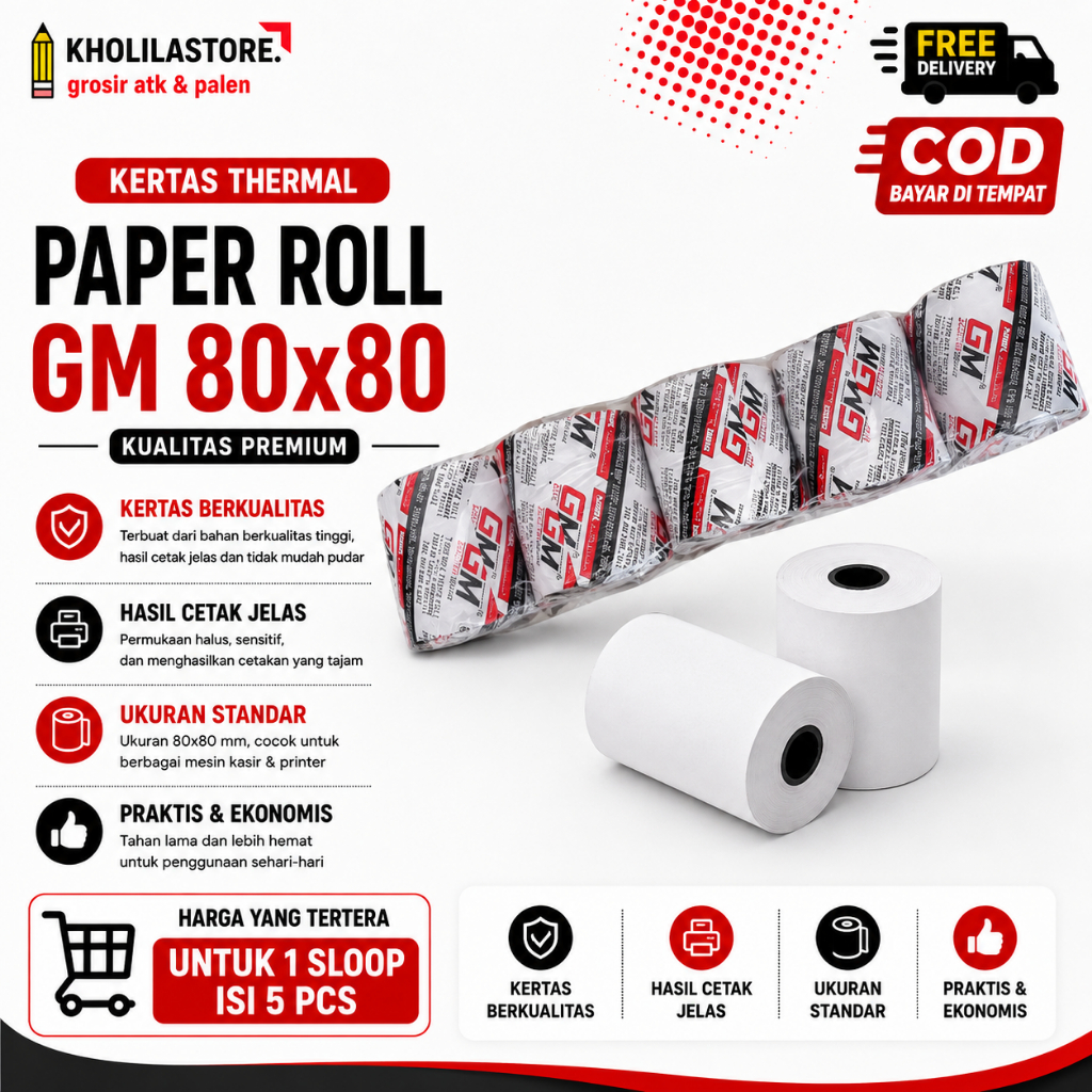(5 ชิ้น) ม้วนกระดาษเทอร์มอล GM 80x80