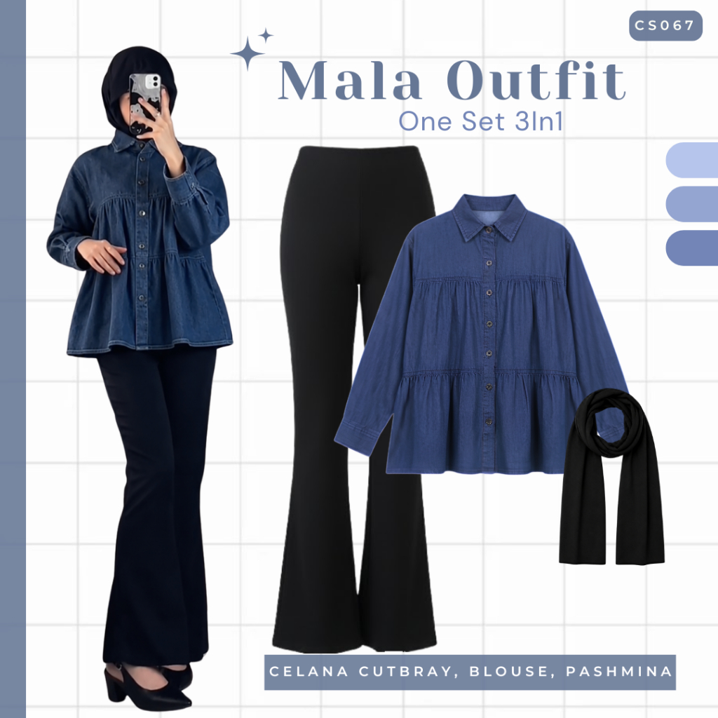 Mala Set 3In1 ชุดเดนิมผู้หญิง | เสื้อเชิ้ตยีนส์ กางเกง Cutbray Pashmina | แฟชั่นฮิญาบสวมใส่ทุกวันชุด