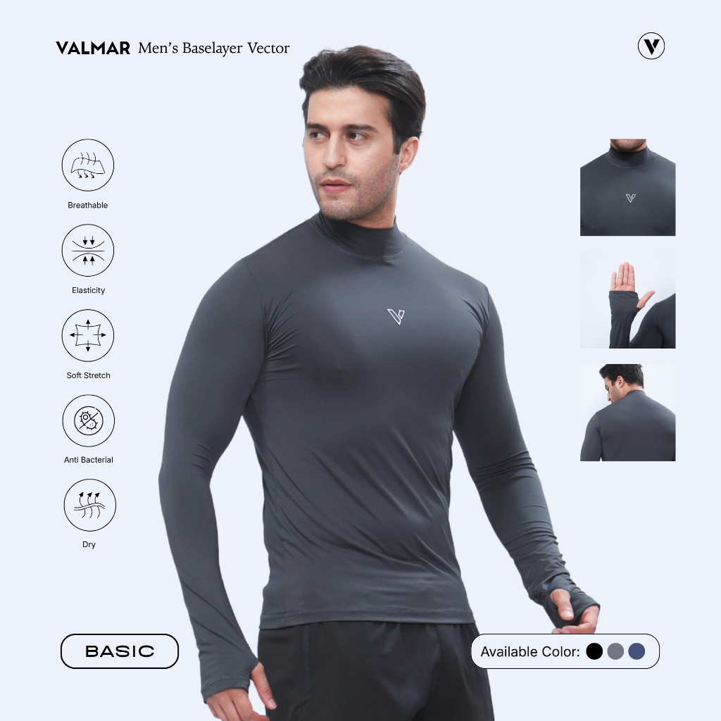 VALMAR SPORTWEAR Vector กีฬาผู้ชาย Finger Hole Baselayer Thumbhole คอเต่าเสื้อการบีบอัด Spandex วิ่ง