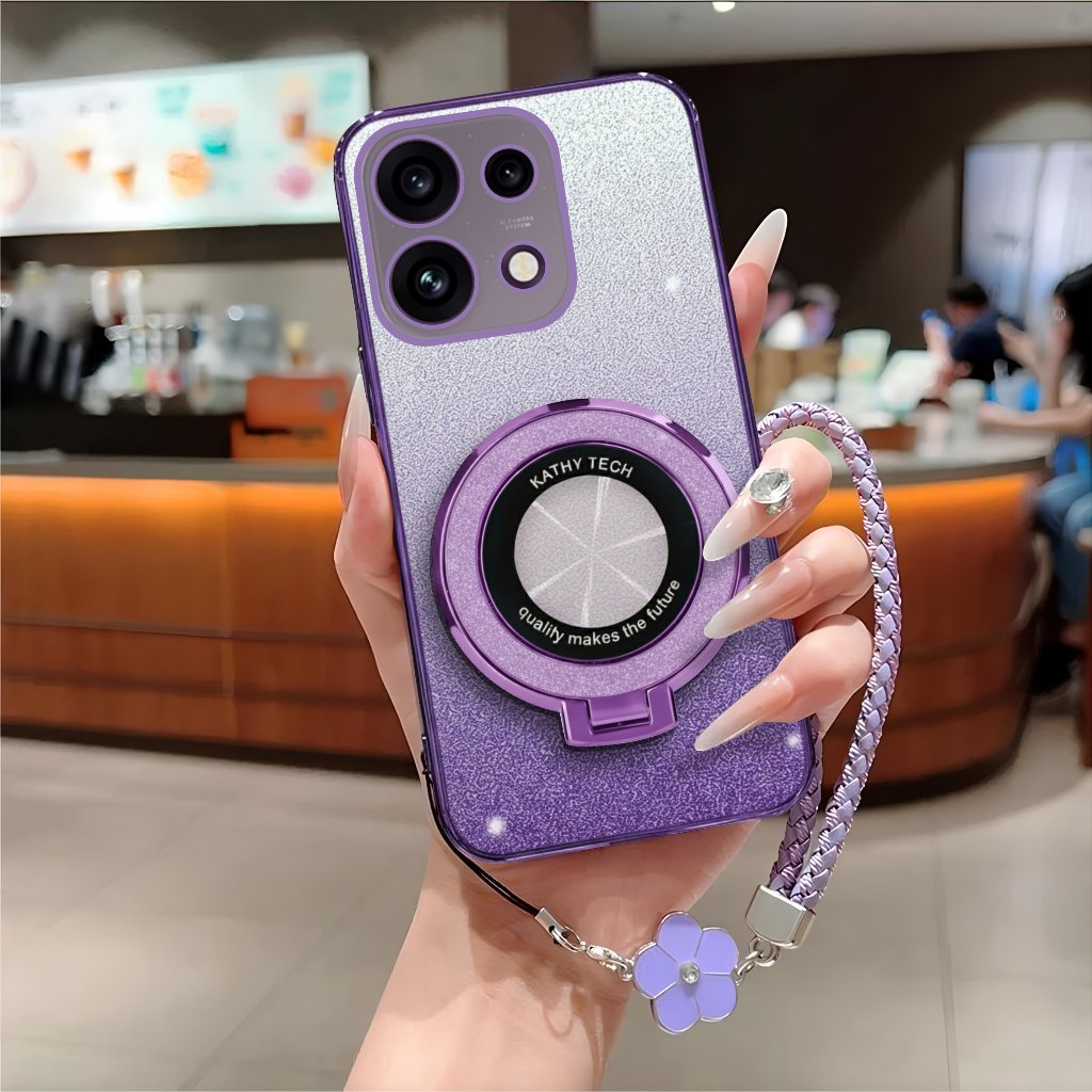 Oppo Reno 16F / 16 / 16 Pro 5G Glitter แหวนแม่เหล็กขาตั้งหรูหราฟรีสายคล้องดอกไม้