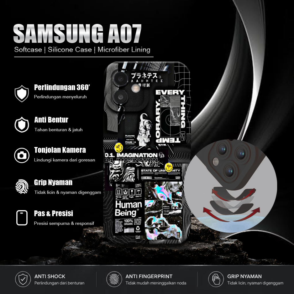 Macaron Softcase Black Motif สําหรับ Samsung A07 ล่าสุดกล้องป้องกันโทรศัพท์มือถือ - ตัวป้องกันโทรศัพ