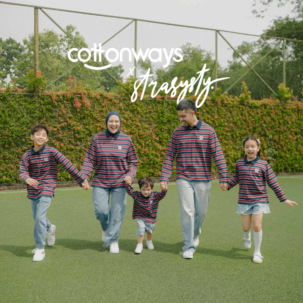 COTTONWAYS X STRASYSTY | Sean Polo Stripe Family Series วัสดุสีเบอร์รี่สําหรับผู้ใหญ่และเด็กทําจากผ้