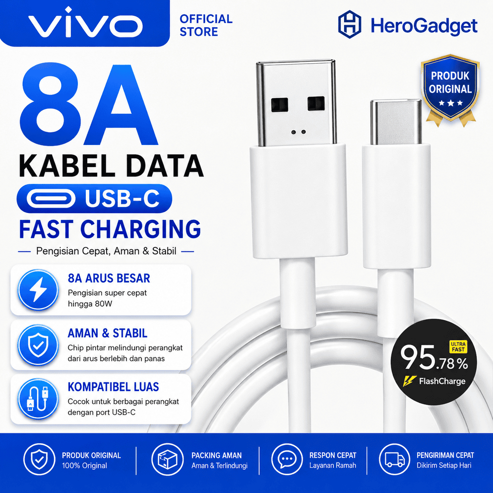 สายเคเบิลข้อมูล Vivo 8.5A 90W USB-C FlashCharge ชาร์จเร็ว
