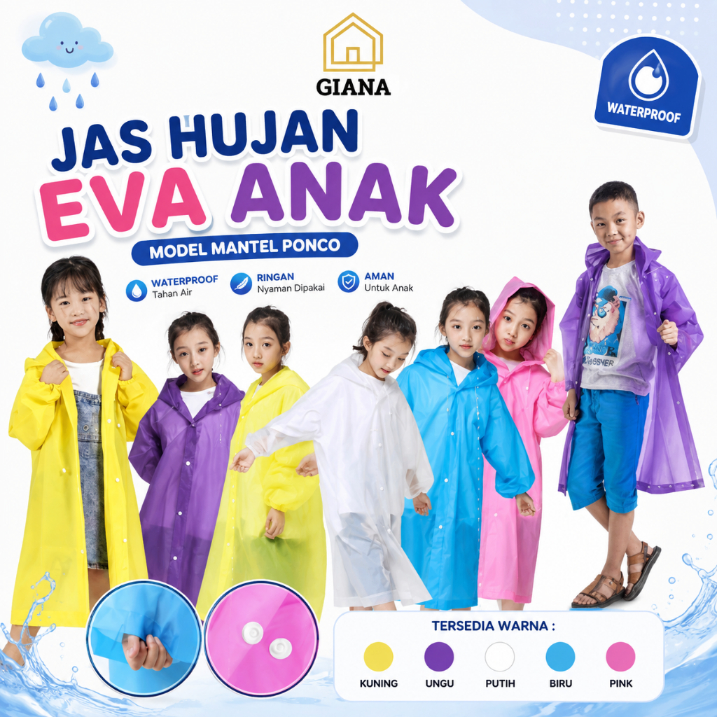 GIA เด็ก EVA เสื้อกันฝน Poncho ชุดเสื้อกันฝนเด็ก EVA เสื้อกันฝนเด็กกันน้ํา