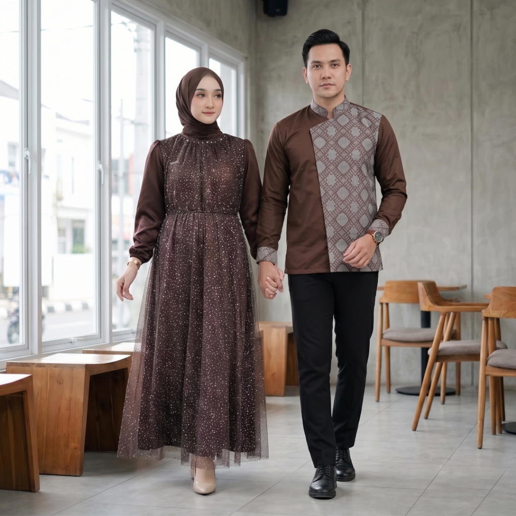 KEMEJA BCT Batik - Waisya Couple Dress Aksa Mahogany Batik Shirt Slimfit Lining Brocade Dress for Ei