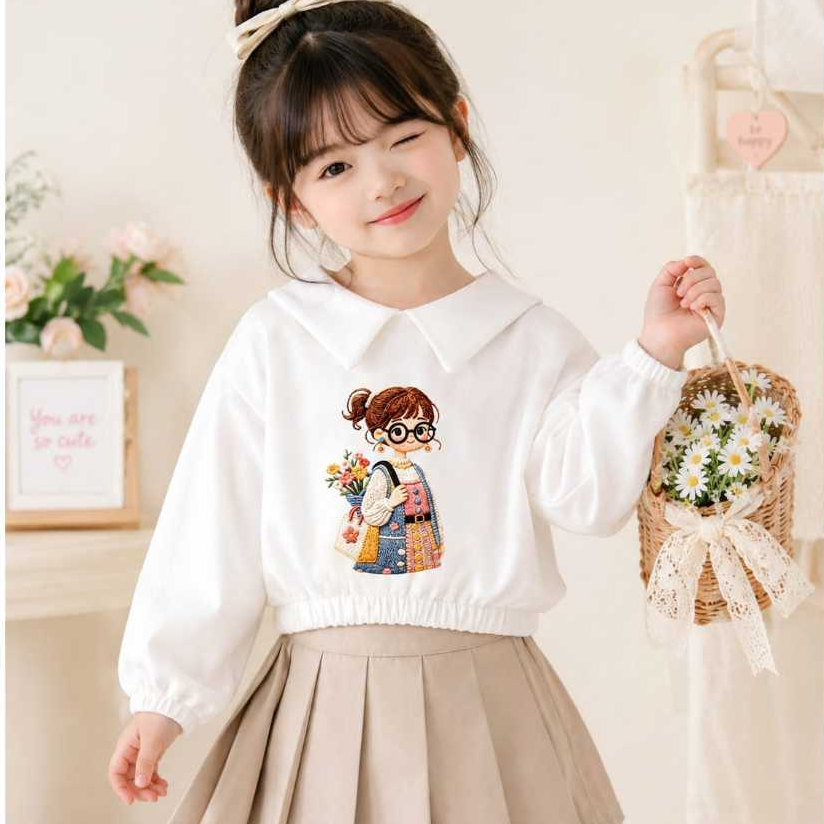 HSN.ID เสื้อเชิ้ตแขนยาวเด็กผู้หญิงคอปกขนาดใหญ่และลายปักตัวละครน่ารัก 2-12 ปี