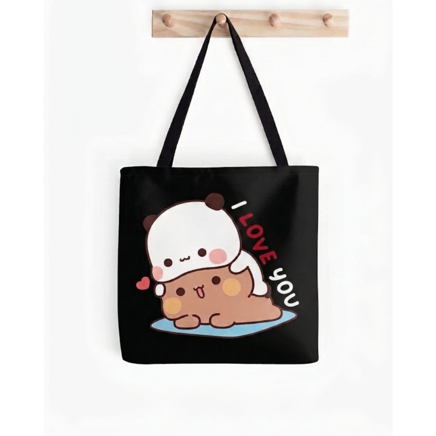 I LOVE YOU Bear และ Panda Bubu Dudu Pillow 2026 Tote Bag สีดํา