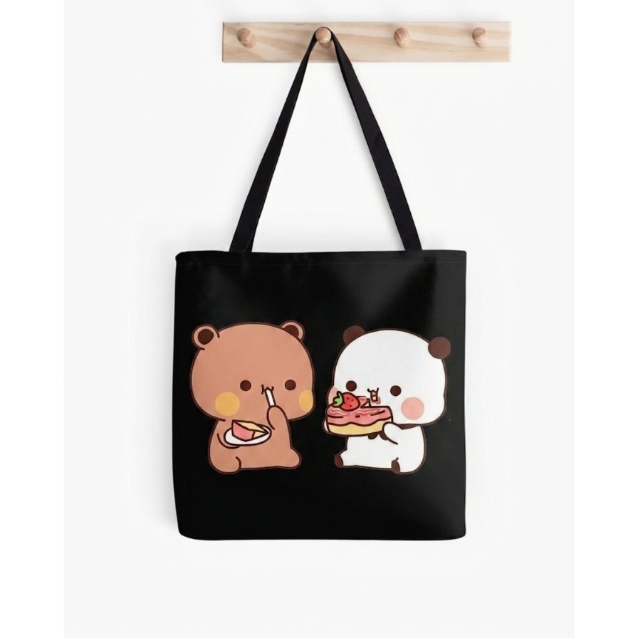 BUBU และ DUDU กินขนม Together Panda Bear Love Tote Bag สีดํา