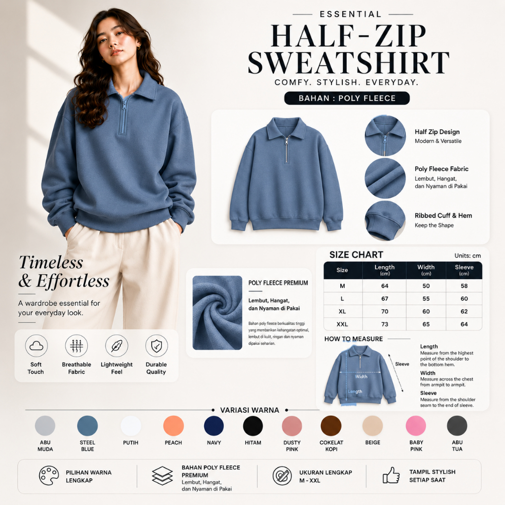 YUDAZ Sweater Crewneck Half Zipper Plain Sweater Collar Size M-XXL