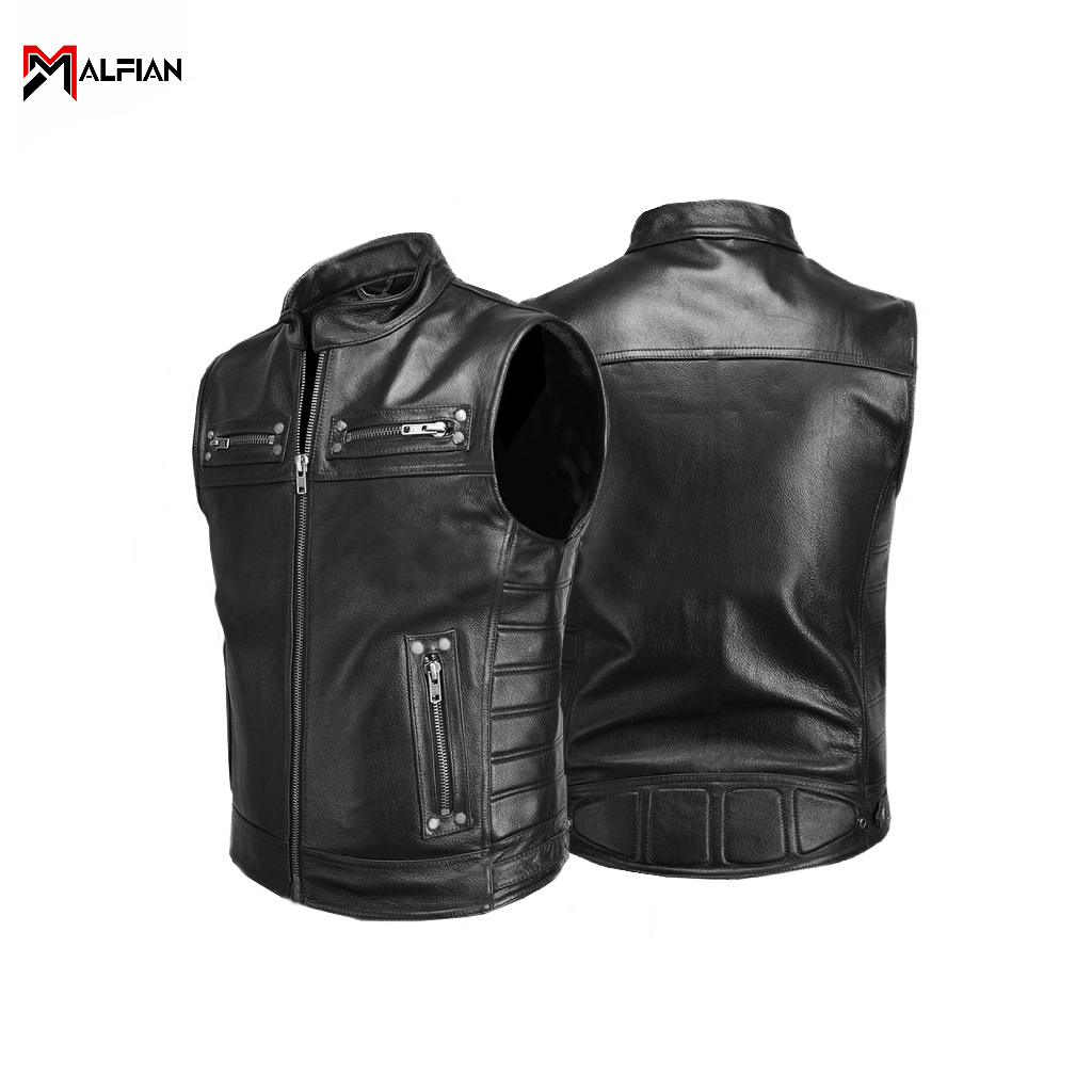 เสื้อกั๊กหนังรถจักรยานยนต์เสื้อกั๊กหนังสังเคราะห์ Harley Davidson Biker Leather Vest Men MF.VEST.031