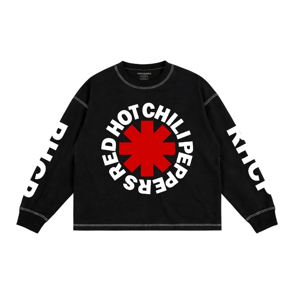 Medium Overlock ด้านนอกเสื้อยืดกระจก boxy Rhcp Logo แขนยาว unisex