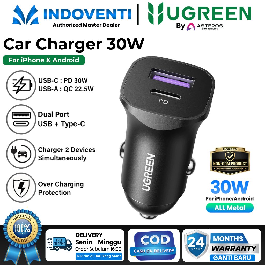 UGREEN Car Charger Adapter สําหรับ iPhone Samsung USB + Type C PD Fast Charging QC3.0 18W 20W 63W 69