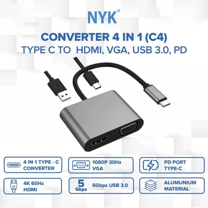 NYK C4 Converter 4 in 1 USB 3.0 ประเภท C ถึง HDMI 4K คอมพิวเตอร์แล็ปท็อป PC TABLET ANDROID IOS WINDO